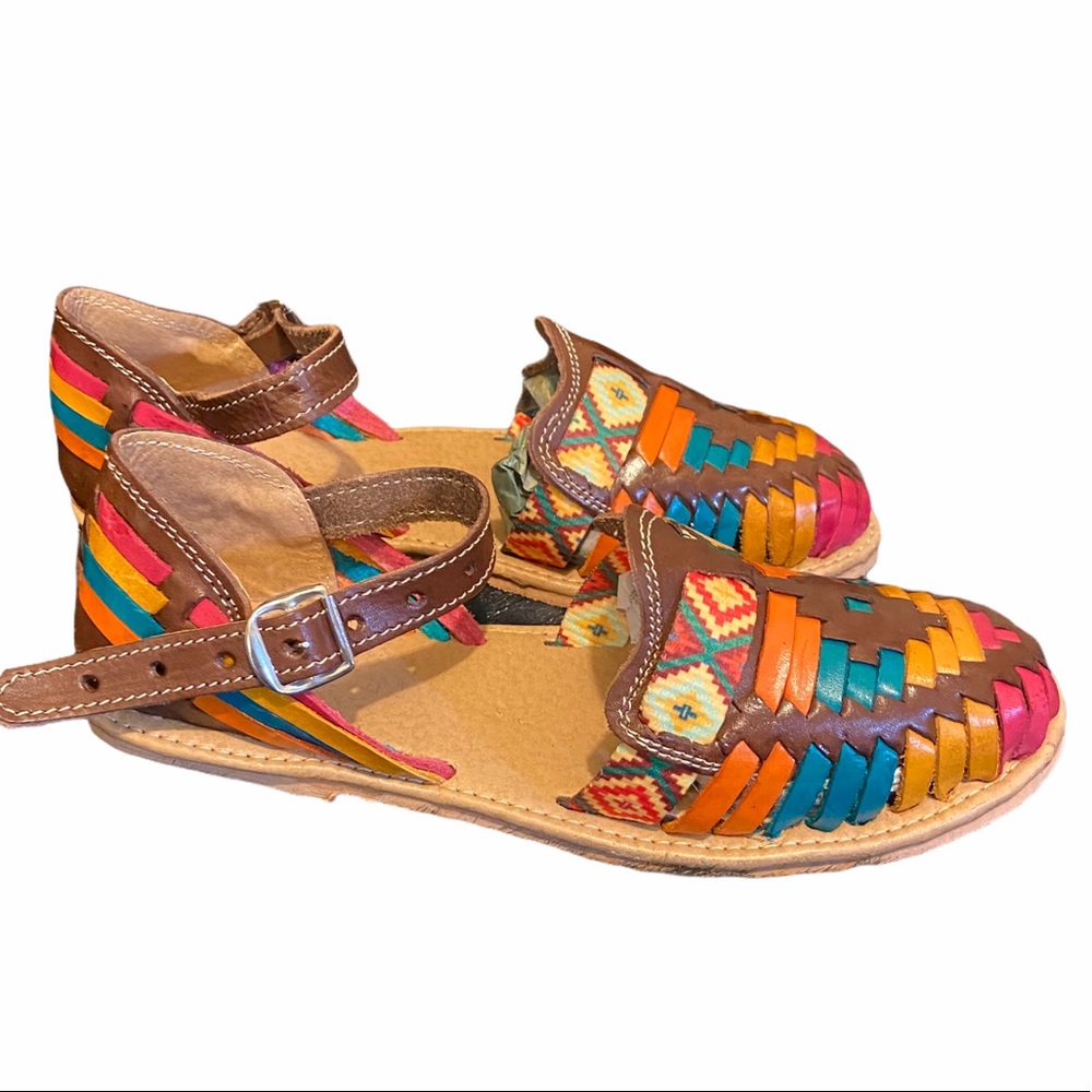 Mexican Huaraches Loafer Shoes Leather Vibrant Colorful Boho Sz 7 Strappy Buckle